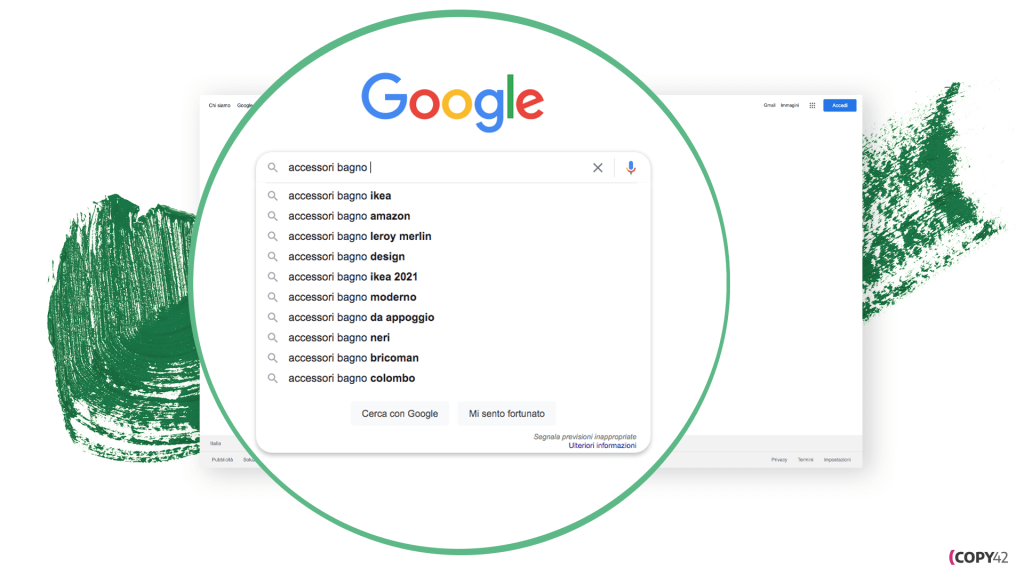 Esempio uso di Google Suggest per ricerca keyword: "accessori bagno"